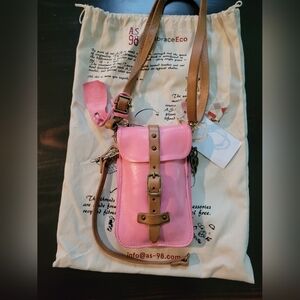A.S.98 Pink Leather Crossbody Bag with Tan Strap and Buckle